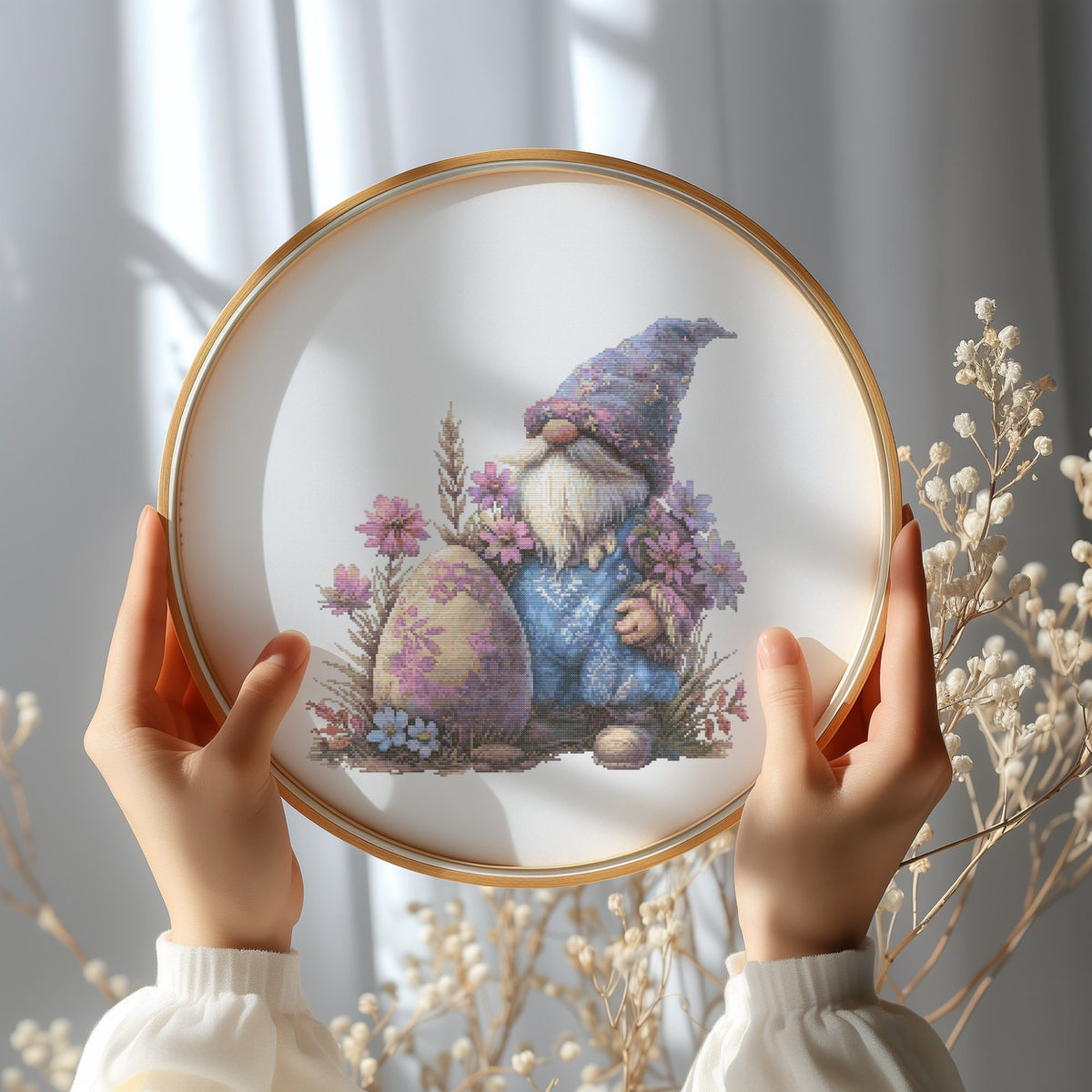 Cross Stitch Pattern With Easter Gnome, Happy Easter Embroidery Designs, Counted Cross Stitch Pattern, Spring Cross Stitch Charts, Floral