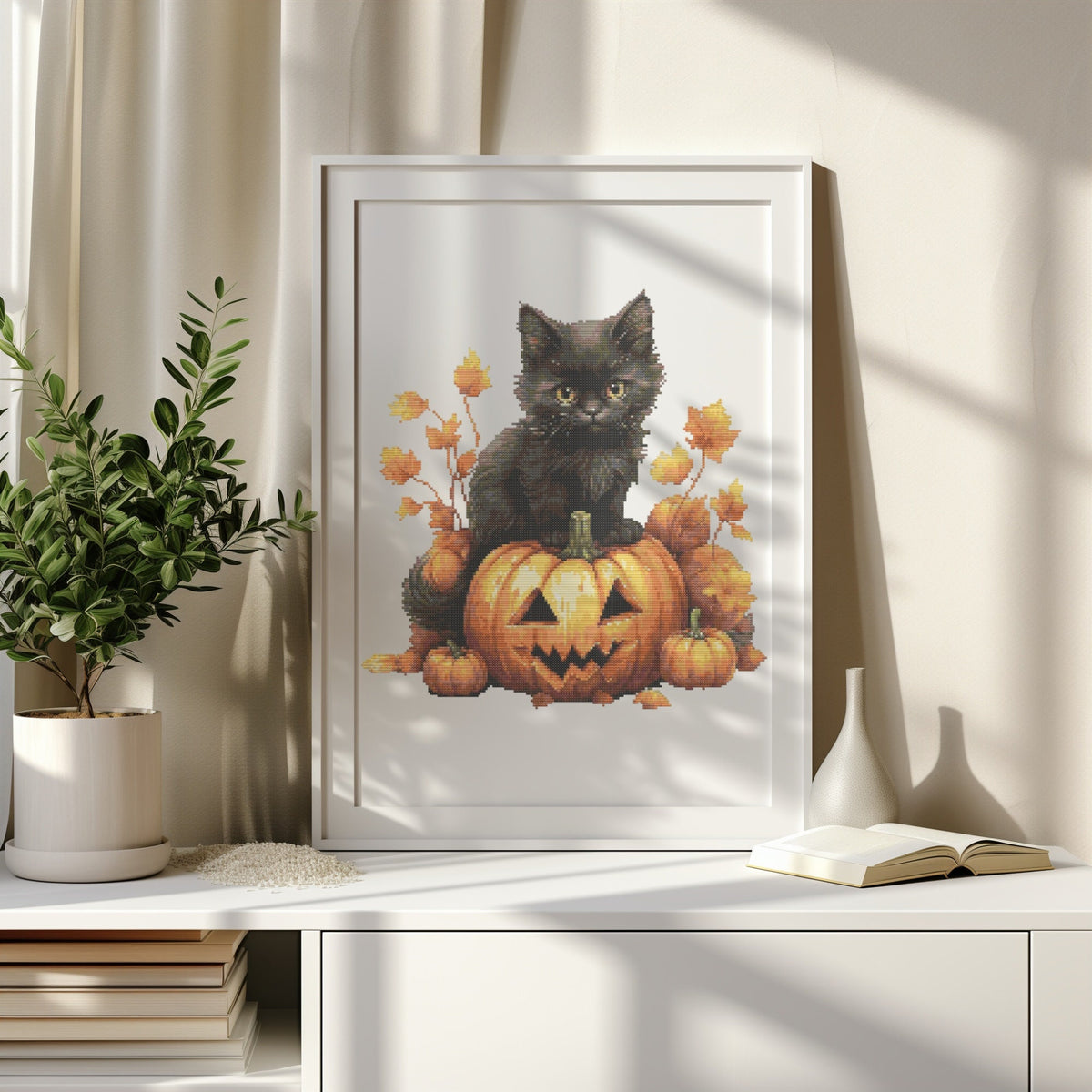 Halloween Cross Stitch Pattern With Black Kitten, Counted Embroidery dEsigns, Fall Cross Stitch Chart With Pumpkin, Nursery Cross Stitch Pdf