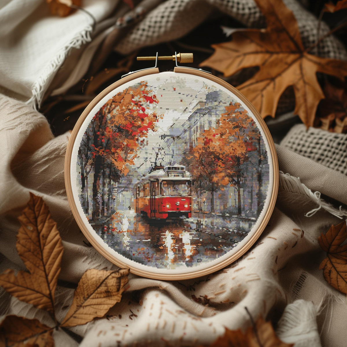 Watercolor Cross Stitch Pattern With Retro Tram, Fall Cross Stitch Designs, Embroidery Design, Counted Cross Stitch PDF, Pattern Keeper File