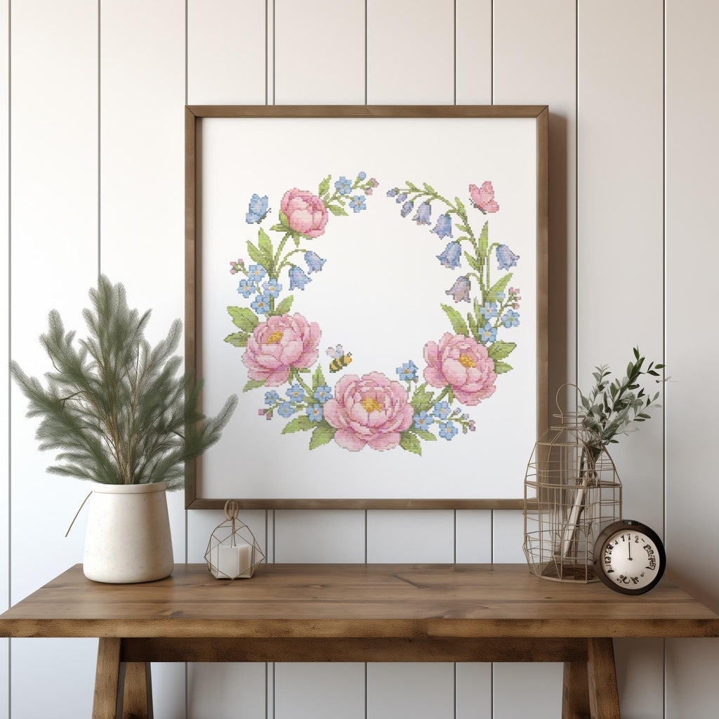 Cross Stitch Pattern PDF With Floral Wreath, Counted Embroidery Pattern, Watercolor Flower Cross Stitch Chart, Unique Mother's Day Gifts
