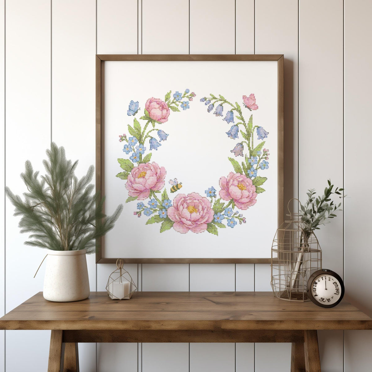 Cross Stitch Pattern PDF With Floral Wreath, Counted Embroidery Pattern, Watercolor Flower Cross Stitch Chart, Unique Mother's Day Gifts