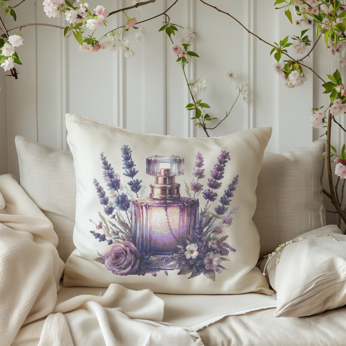 Cross Stitch Pattern With Lavender Perfume, Modern Cross Stitch Chart, Embroidery Designs, Floral Cross Stitch, Counted Cross Stitch Pdf