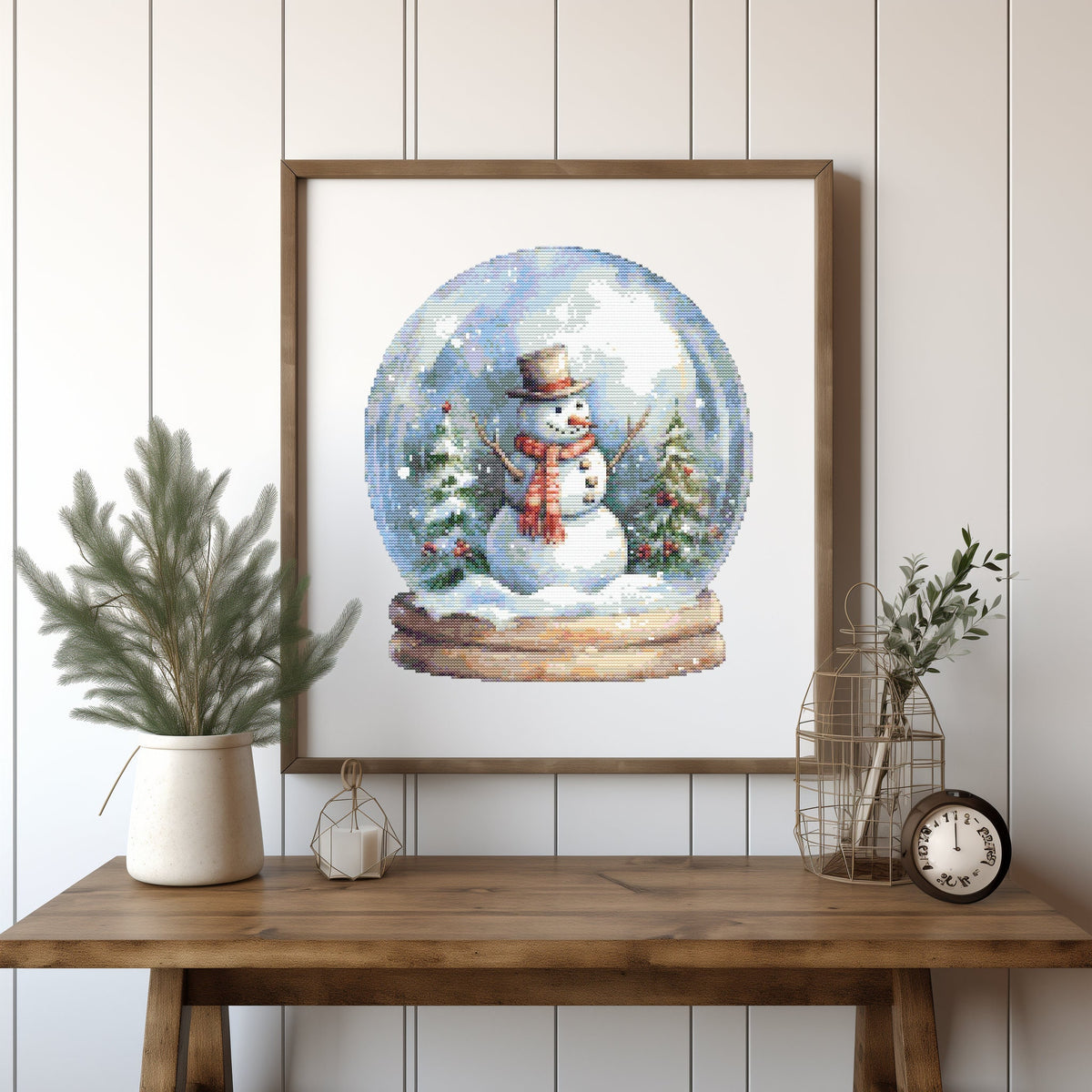 Counted Cross Stitch Pattern With Snowman In Snow Globe, Christmas Embroidery Design, Winter Cross Stitch Chart