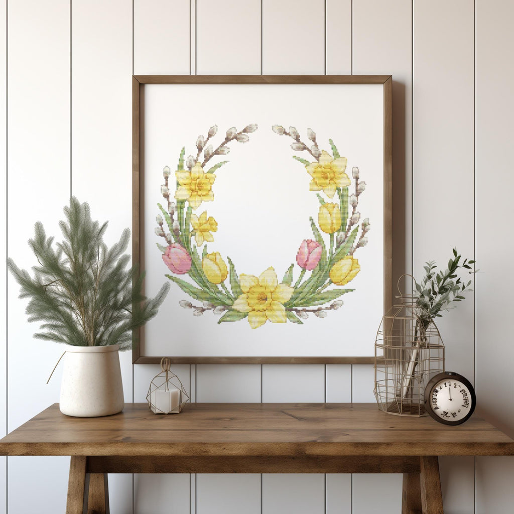 Easter Cross Stitch Pattern PDF With Daddofil, Tulips, Willow, Counted Cross Stitch Chart, Floral Wreath Embroidery Pattern, Easter Gifts