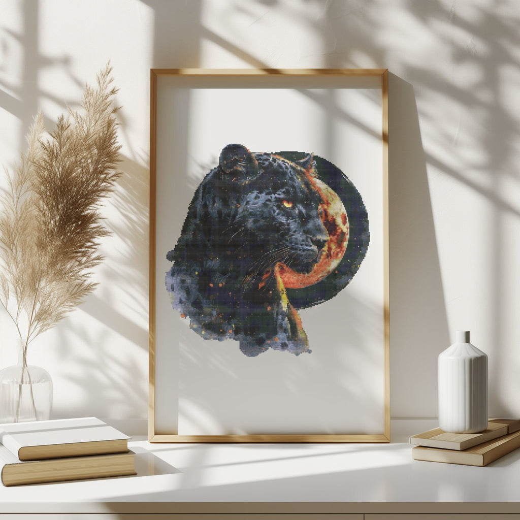 Cross Stitch Pattern With Black Cougar, Counted Cross Stitch Chart, Panther Cross Stitch Designs, Embroidery Patterns, Cross Stitch Art