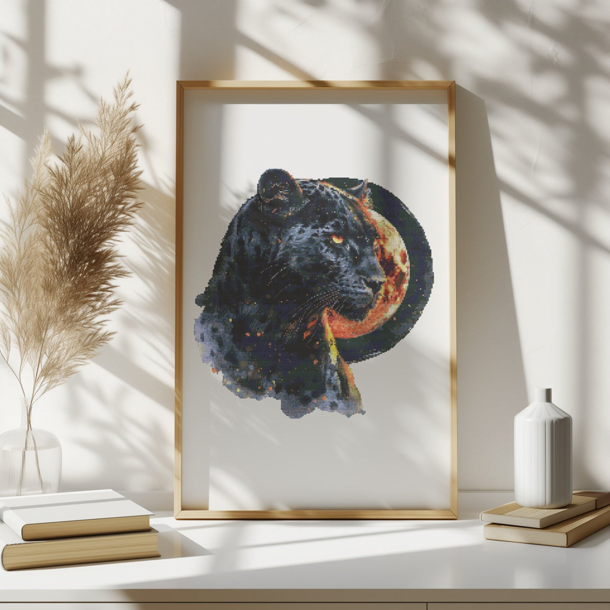 Cross Stitch Pattern With Black Cougar, Counted Cross Stitch Chart, Panther Cross Stitch Designs, Embroidery Patterns, Cross Stitch Art