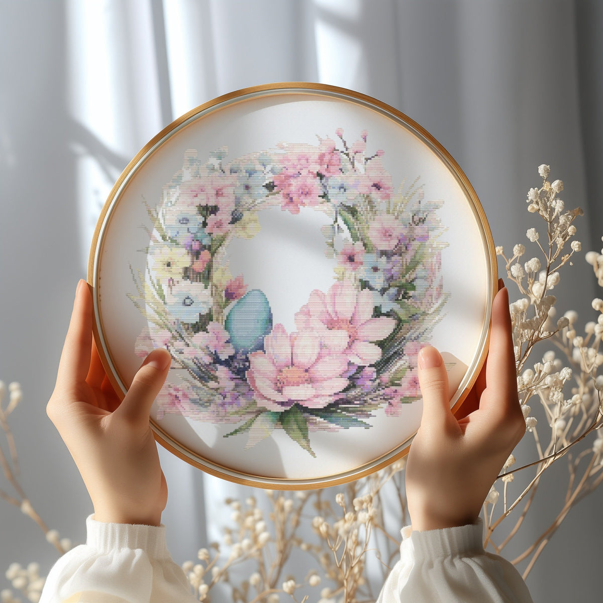 Cross Stitch Pattern With Easter Wreath, Counted Embroidery Pattern, Watercolor Floral Cross Stitch Chart, Spring Flower Cross Stitch Pdf