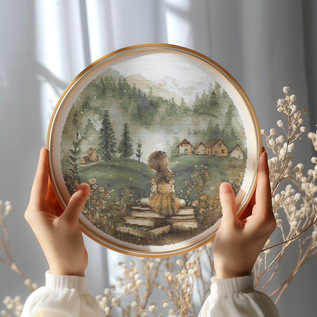 Cross Stitch Pattern With Girl, Books, Counted, Nature Embroidery Designs, Watercolor Cross Stitch Chart, Book Lover Gifts