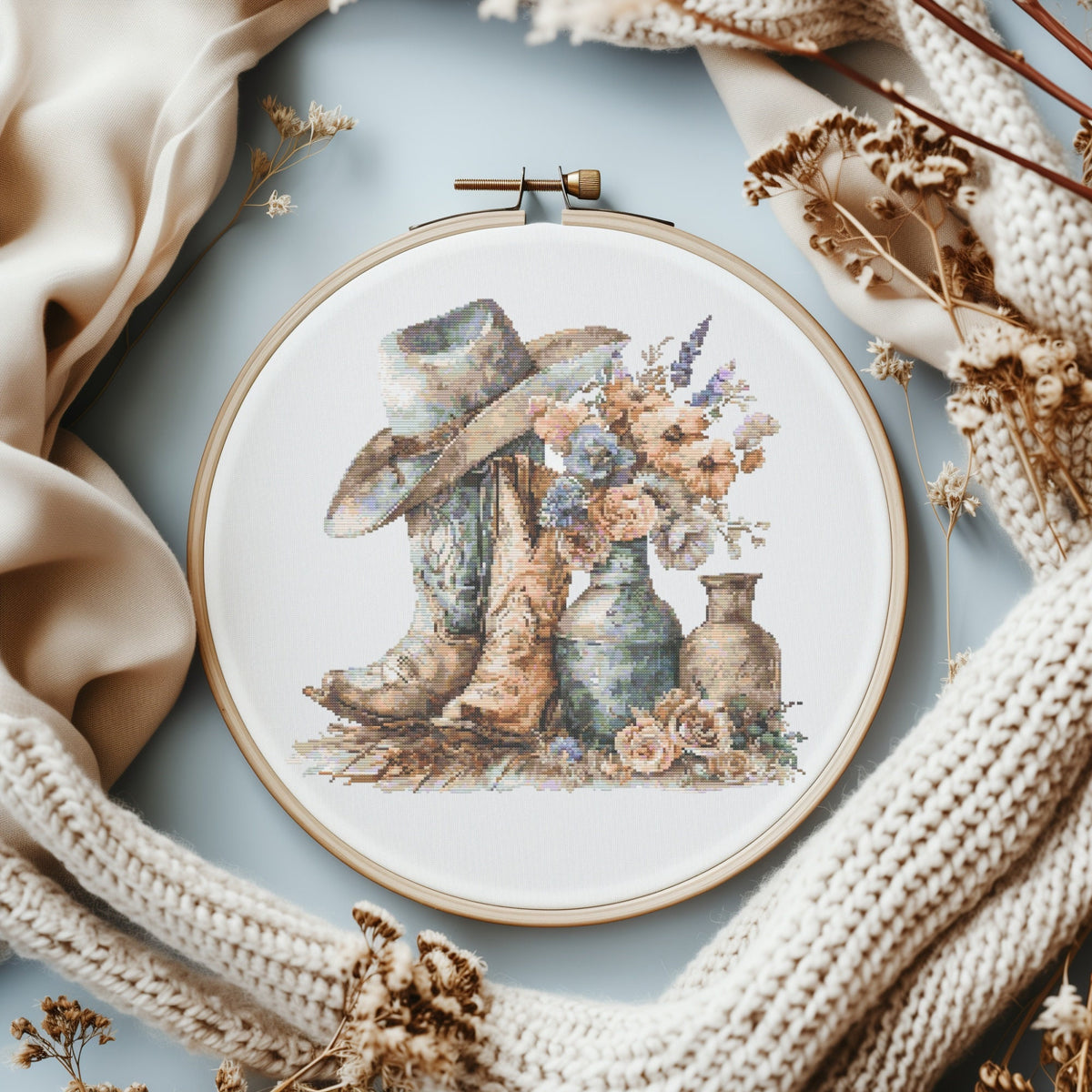 Watercolor Cross Stitch Pattern With Cowgirl Boots Modern Cross Stitch Designs Floral Embroidery Designs Wedding Floral Cross Stitch PDF