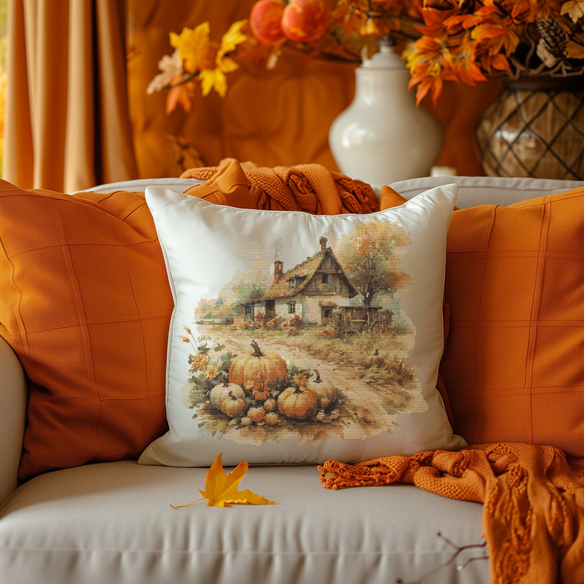 Fall Cross Stitch Pattern, Counted Cross Stitch Pattern With Country Cottage, Cottagecore Cross Stitch PDF, Rustic Embroidery Designs