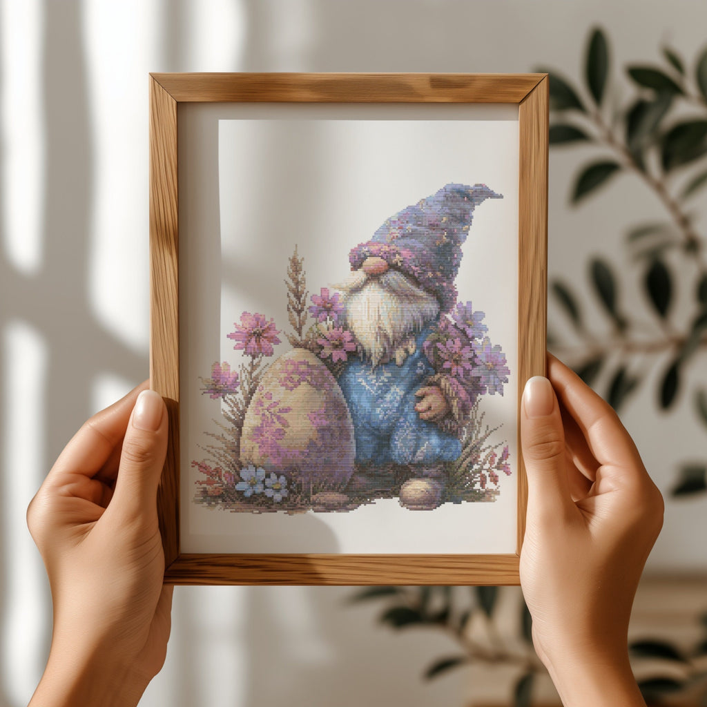Cross Stitch Pattern With Easter Gnome, Happy Easter Embroidery Designs, Counted Cross Stitch Pattern, Spring Cross Stitch Charts, Floral