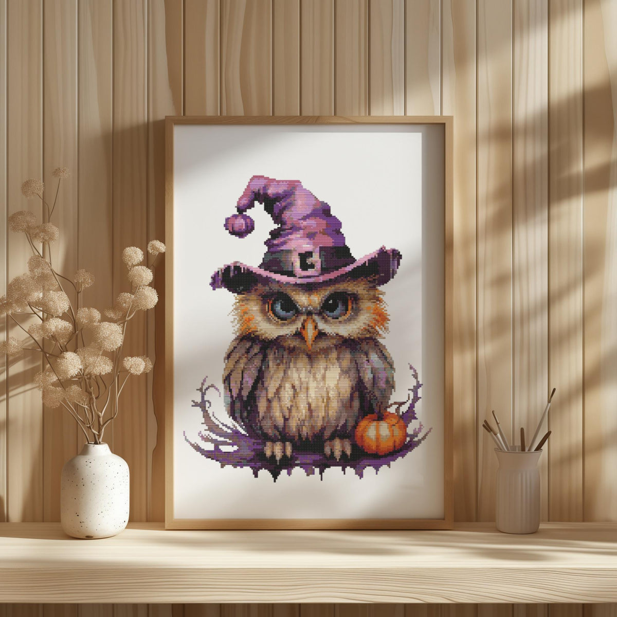 Halloween Cross Stitch Pattern With Cute Owl, Counted, Fall Cross Stitch Designs, Autumn Cross Stitch Chart, Nature Embroidery Pattern