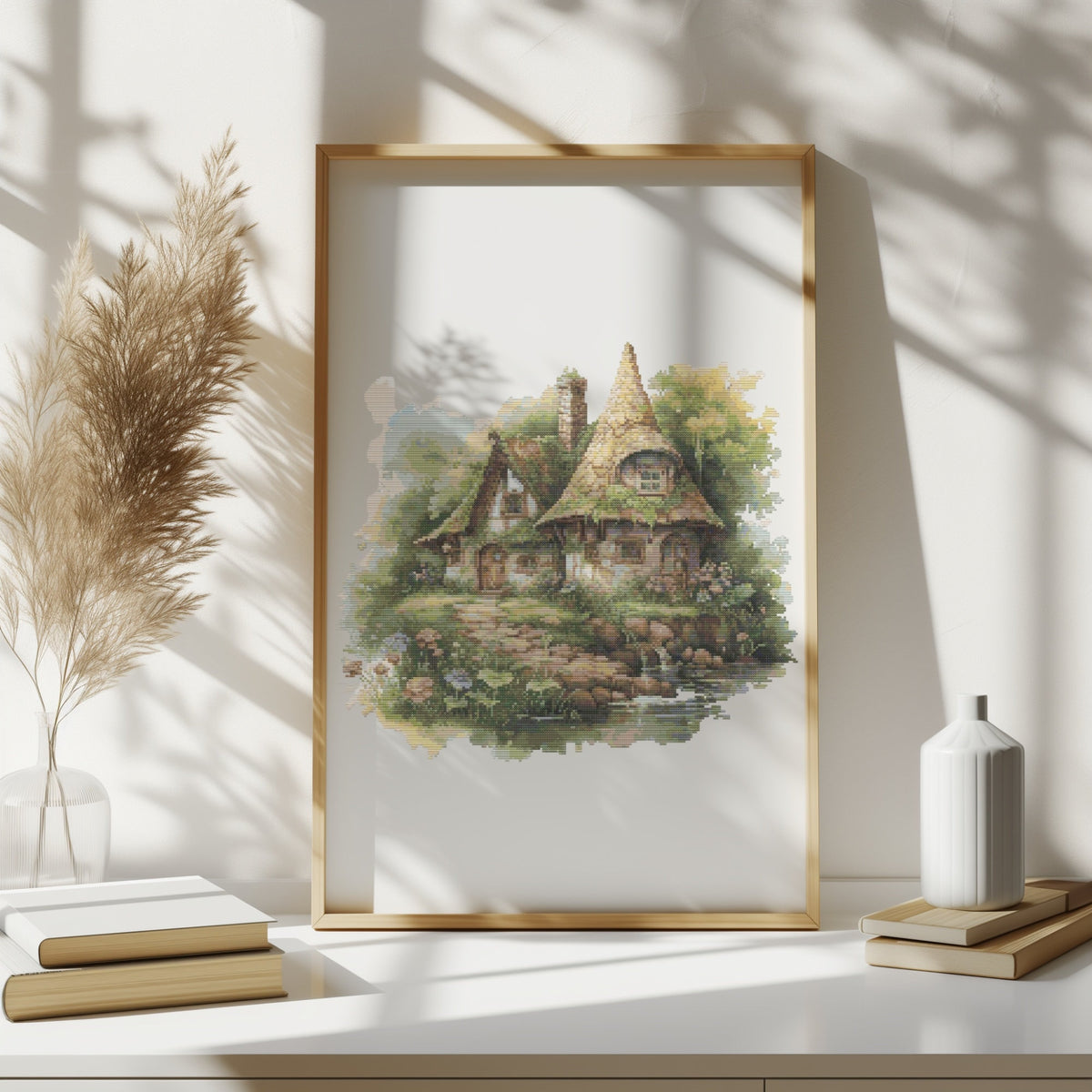 Cross Stitch Pattern With Fairy Cottage, Rustic Landscape Cross Stitch Designs, Fairy Embroidery Designs, Counted Cross Stitch Pattern Pdf