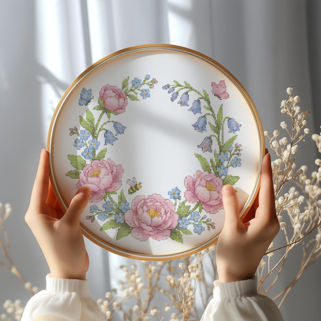 Cross Stitch Pattern PDF With Floral Wreath, Counted Embroidery Pattern, Watercolor Flower Cross Stitch Chart, Unique Mother's Day Gifts