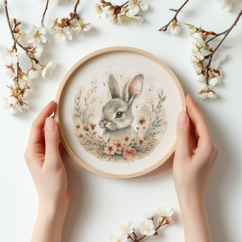 Modern Cross Stitch Pattern With Bunny, Easter Cross Stitch Art, Easter Embroidery Pattern, Spring Cross Stitch Pattern, Floral Pattern