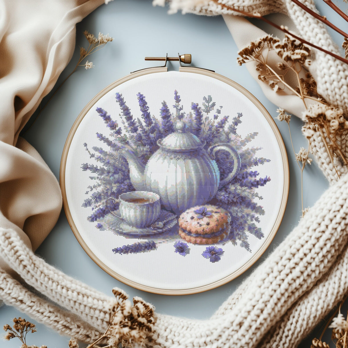 Cross Stitch Pattern With Lavender Tea, Modern Cross Stitch Designs, Embroidery Design, Floral Cross Stitch PDF, Counted Cross Stitch Chart