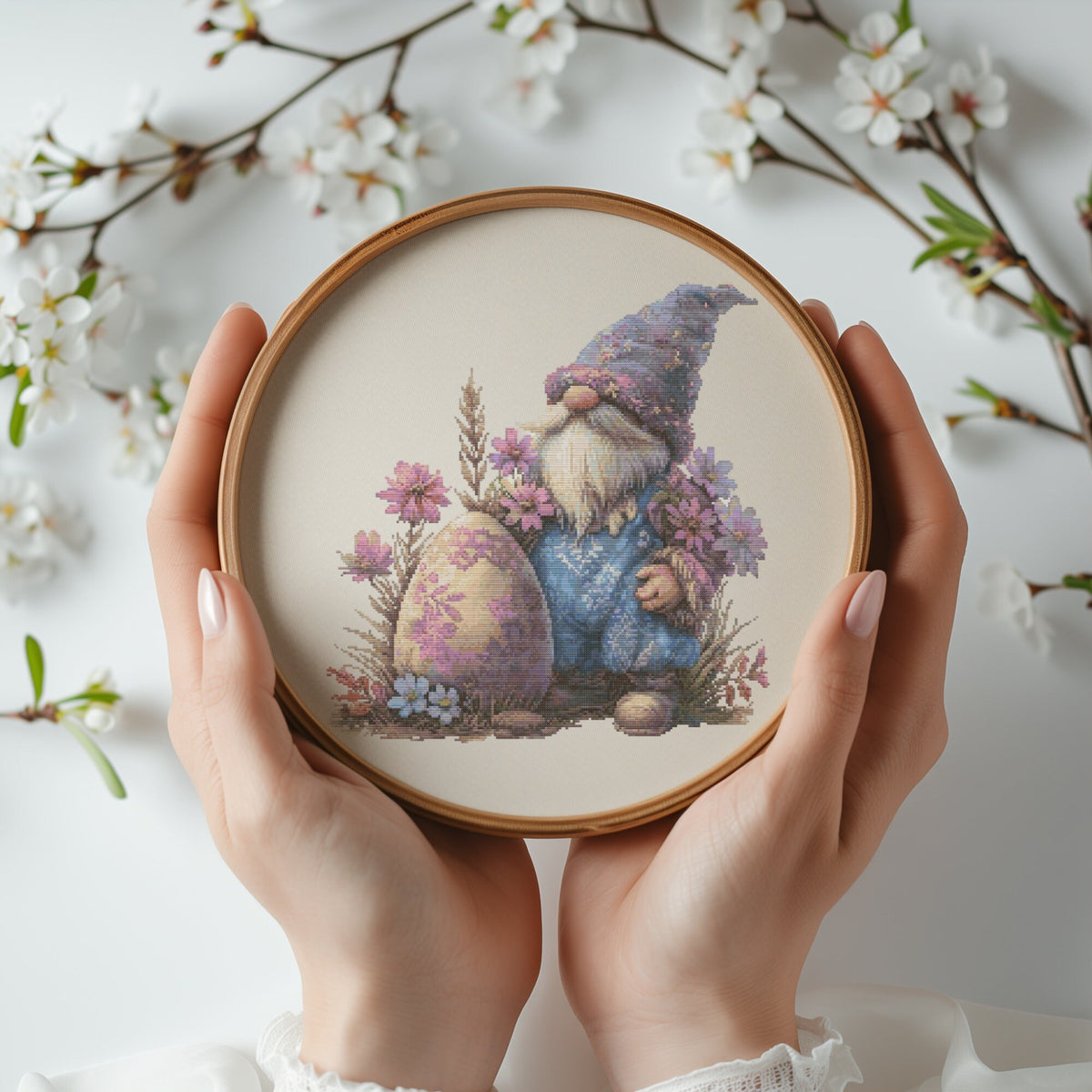 Cross Stitch Pattern With Easter Gnome, Happy Easter Embroidery Designs, Counted Cross Stitch Pattern, Spring Cross Stitch Charts, Floral