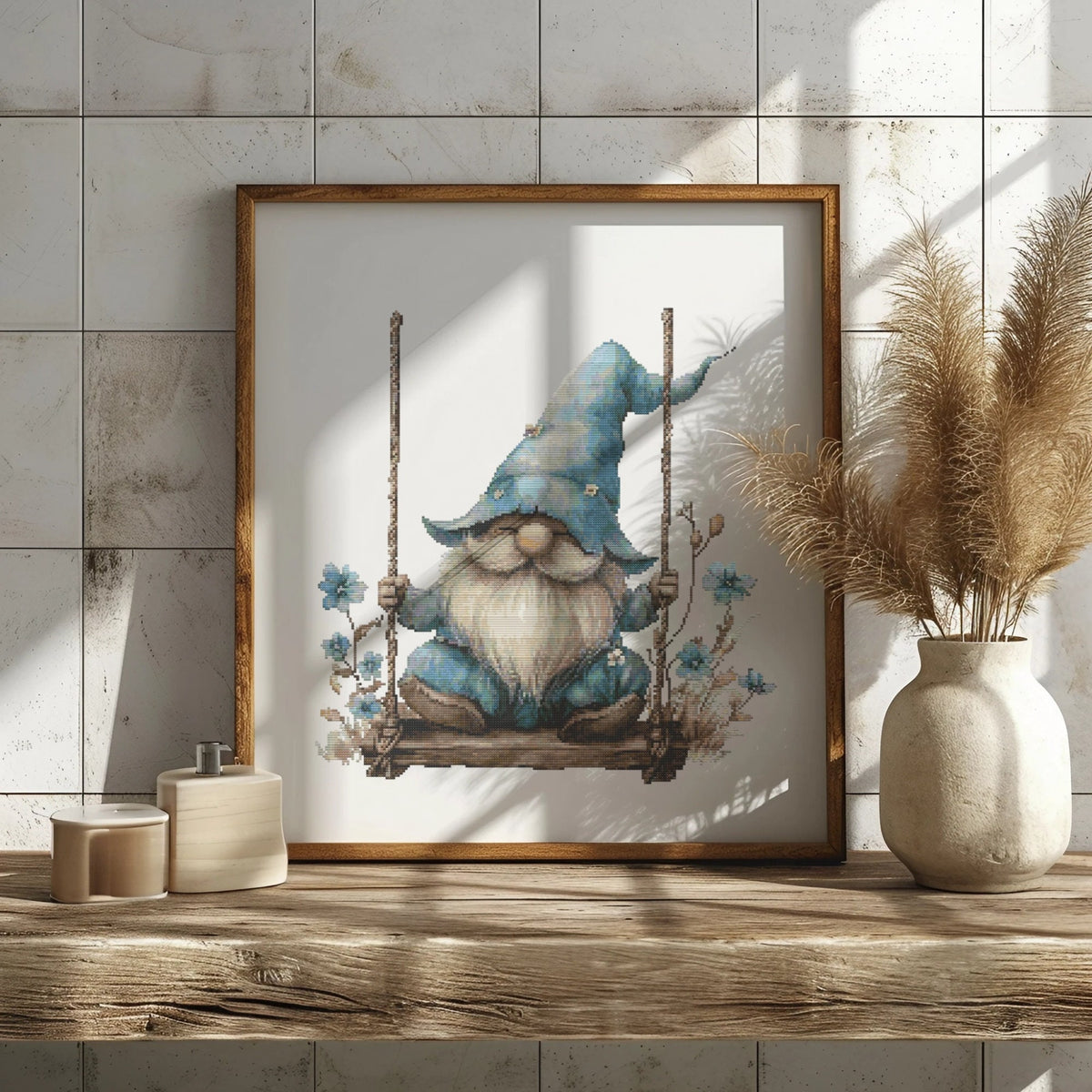 Cross Stitch Pattern With Gnome, Modern Cross Stitch Chart With Blue Flowers, Counted, Mother's Day Embroidery Pattern, Instant Downloads