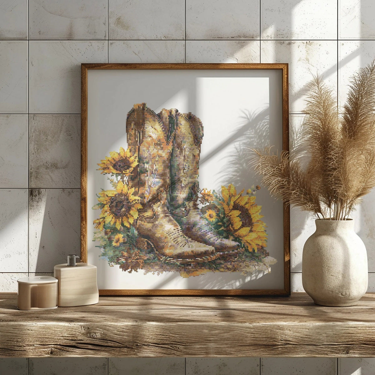 Floral Cross Stitch Pattern PDF With Cowgirl, Boots, Modern Cross Stitch Design, Watercolor Embroidery File, Sunflowers Cross Stitch Charts