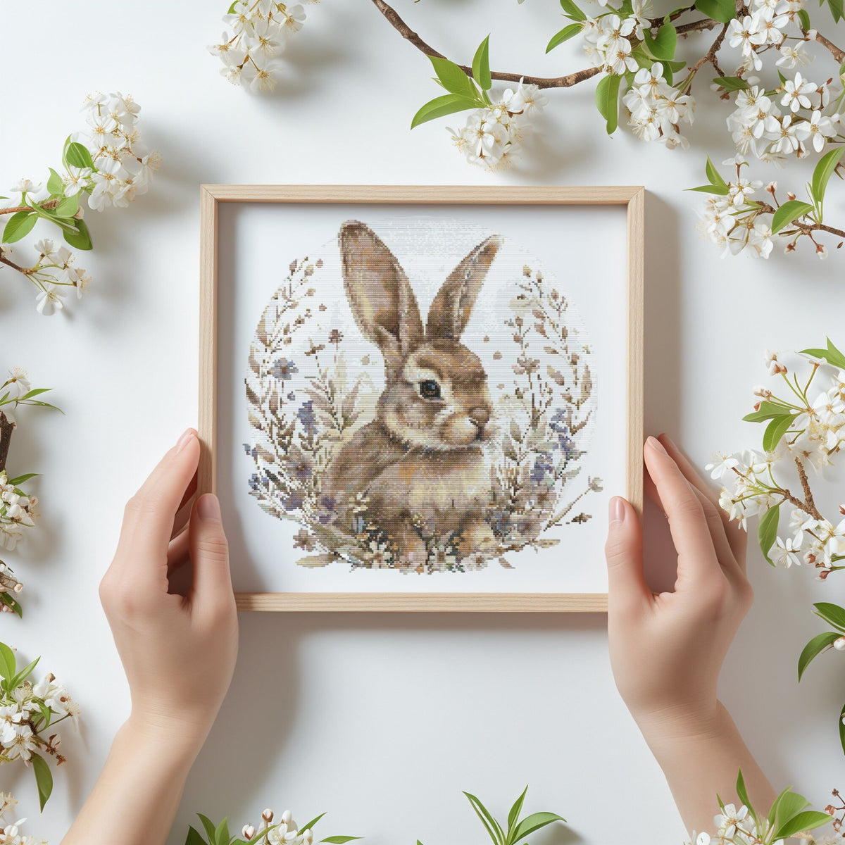 Cross Stitch Pattern With Easter Bunny, Modern Cross Stitch Designs, Easter Embroidery Pattern, Spring Cross Stitch Pattern, Floral Pattern