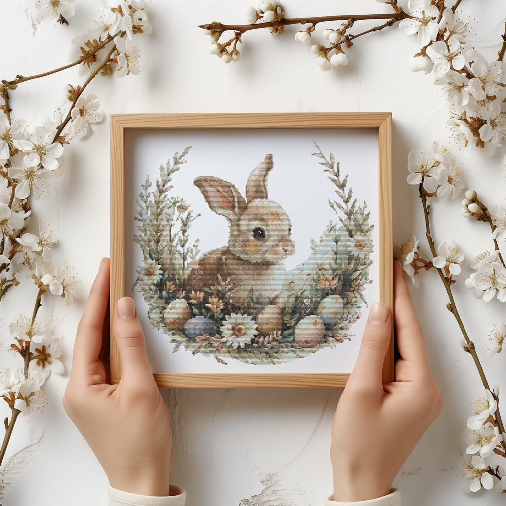 Cross Stitch Pattern With Easter Bunny, Modern Cross Stitch Designs, Easter Embroidery Pattern, Spring Cross Stitch Pattern, Floral Pattern