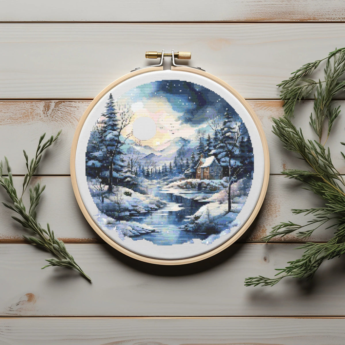 Nature Cross Stitch Pattern With Mountains, River, Winter Landscape Cross Stitch Designs, Counted Cross Stitch