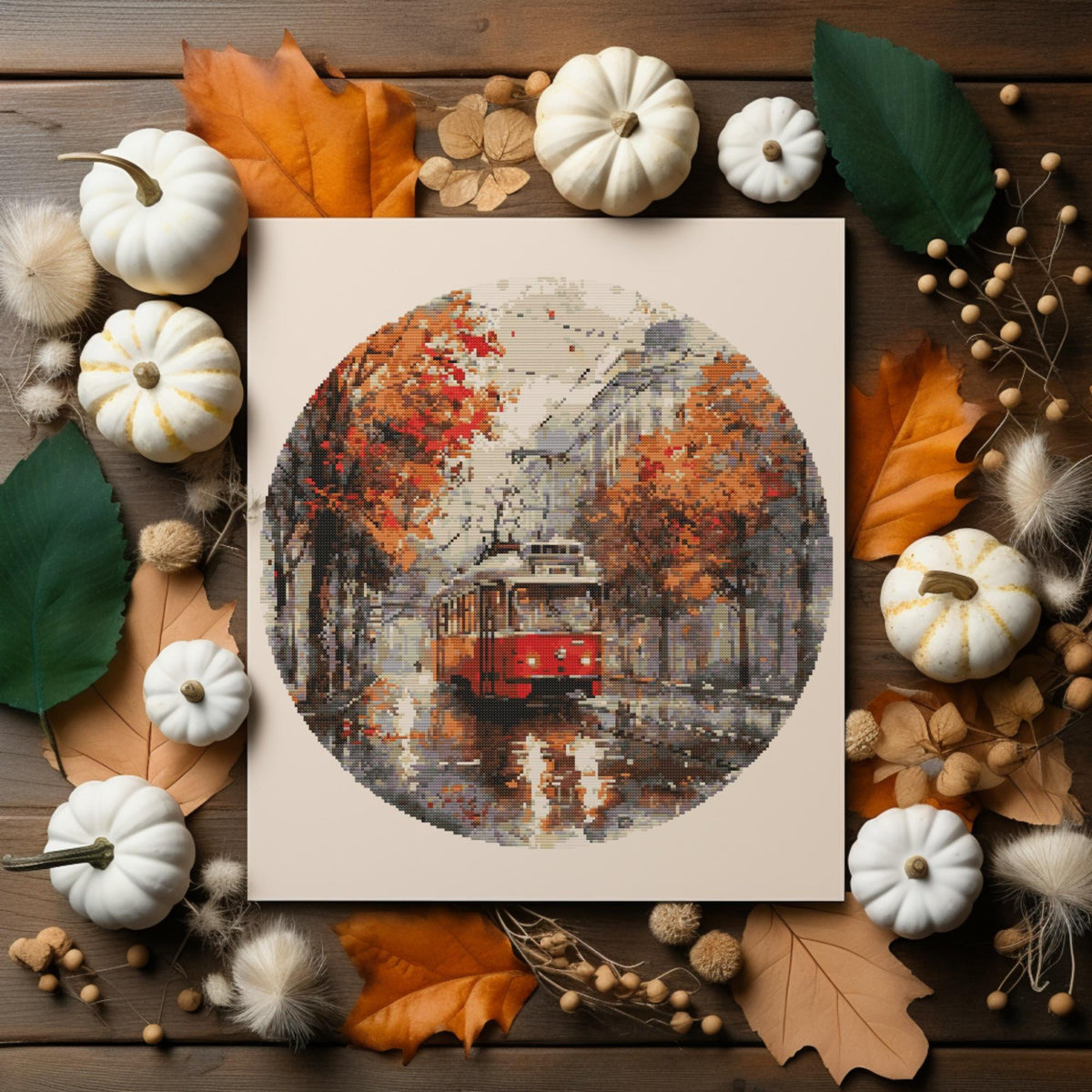 Watercolor Cross Stitch Pattern With Retro Tram, Fall Cross Stitch Designs, Embroidery Design, Counted Cross Stitch PDF, Pattern Keeper File