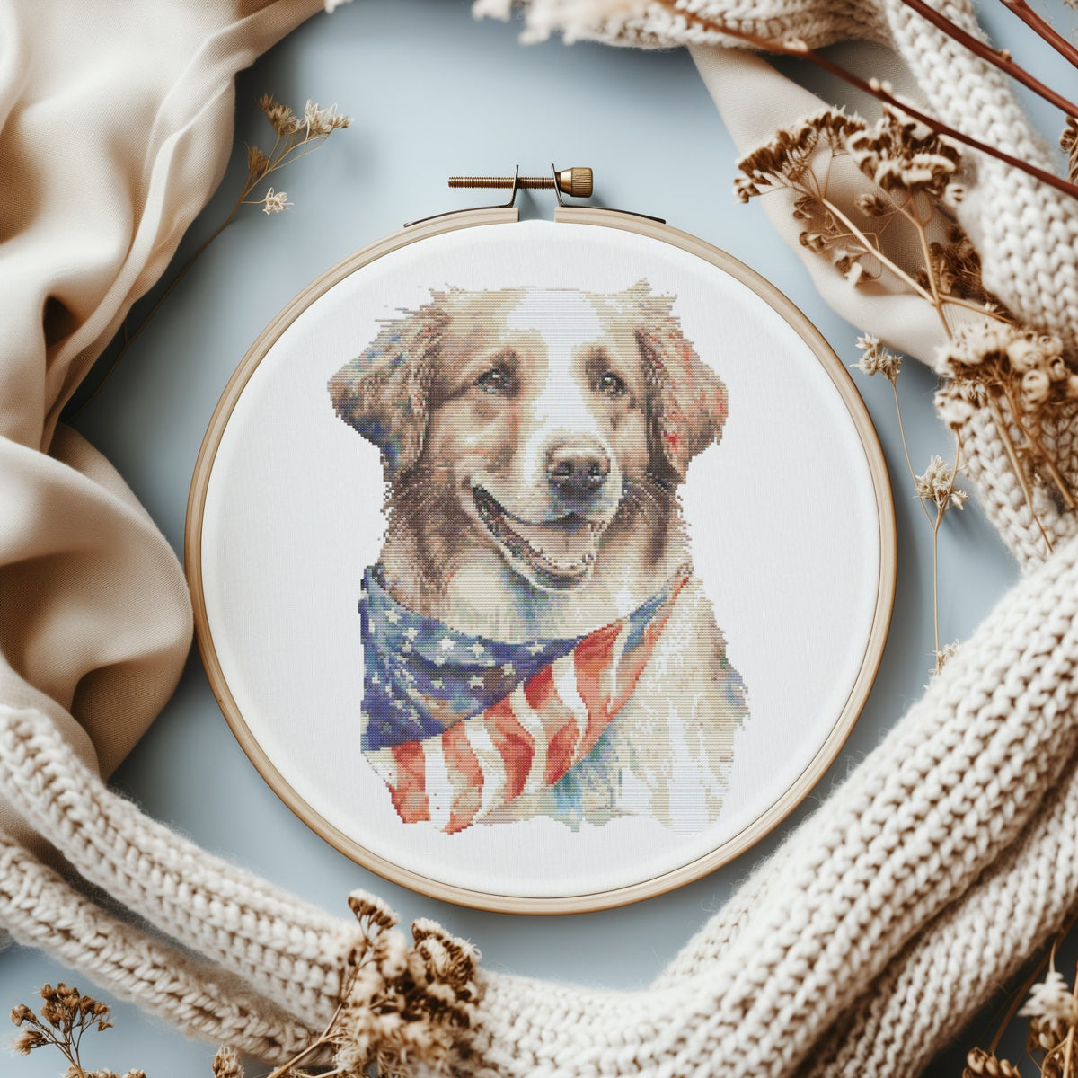 Patriotic Cross Stitch Pattern PDF With Retriever, 250 Years Independence Cross Stitch Design With US Flag, Counted Cross Stitch Chart