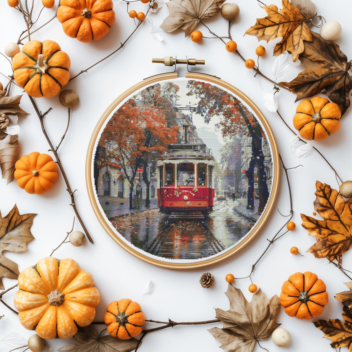 Watercolor Cross Stitch Pattern With Retro Tram, Fall Cross Stitch Designs, Autumn Embroidery Pattern Pdf, Counted, City Cross Stitch Chart