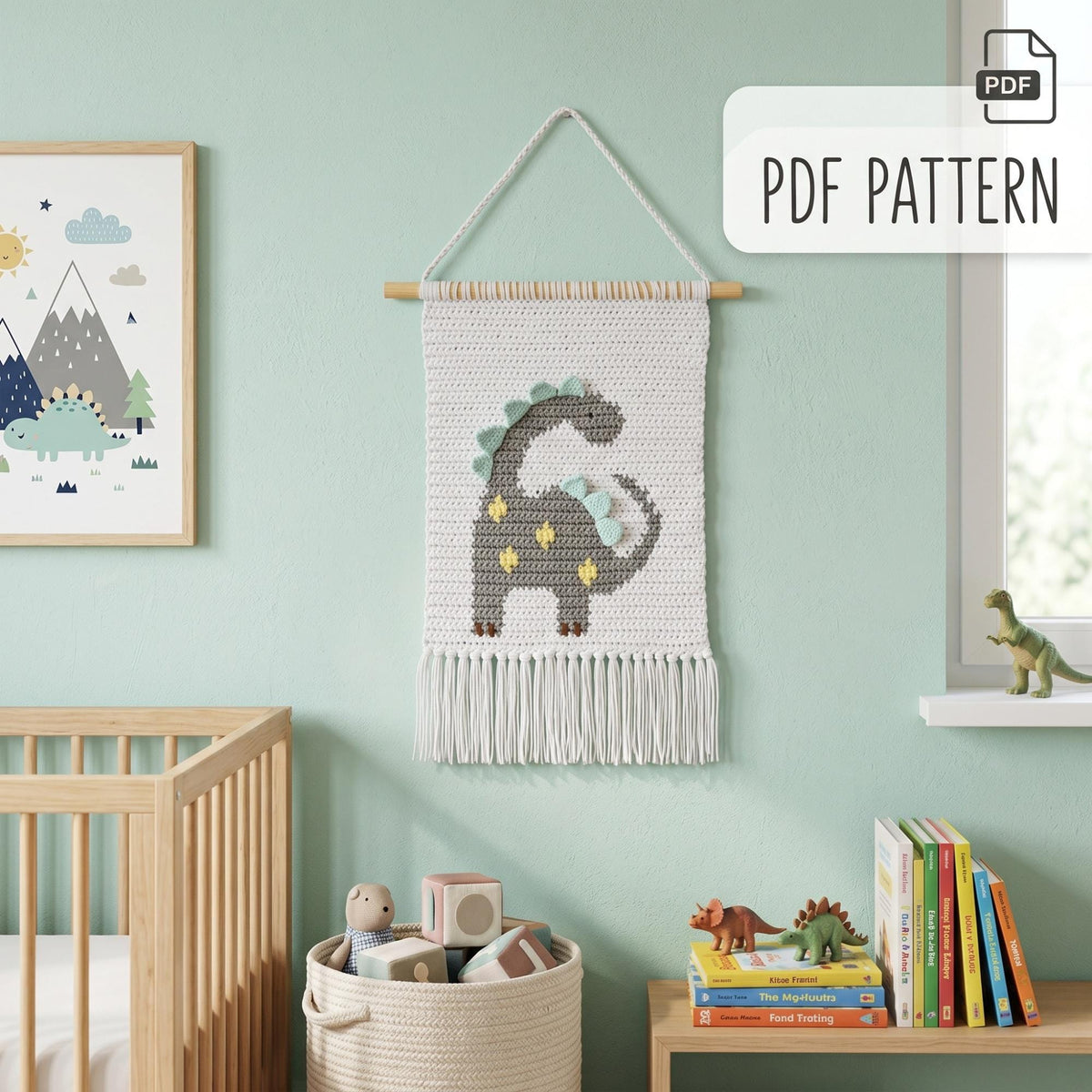 Crochet Wall Hanging Pattern With Cute Dinosaur, Dino Nursery Tapestry Crochet, Crochet Banner PDF, Baby Room Decor, DIY Gifts