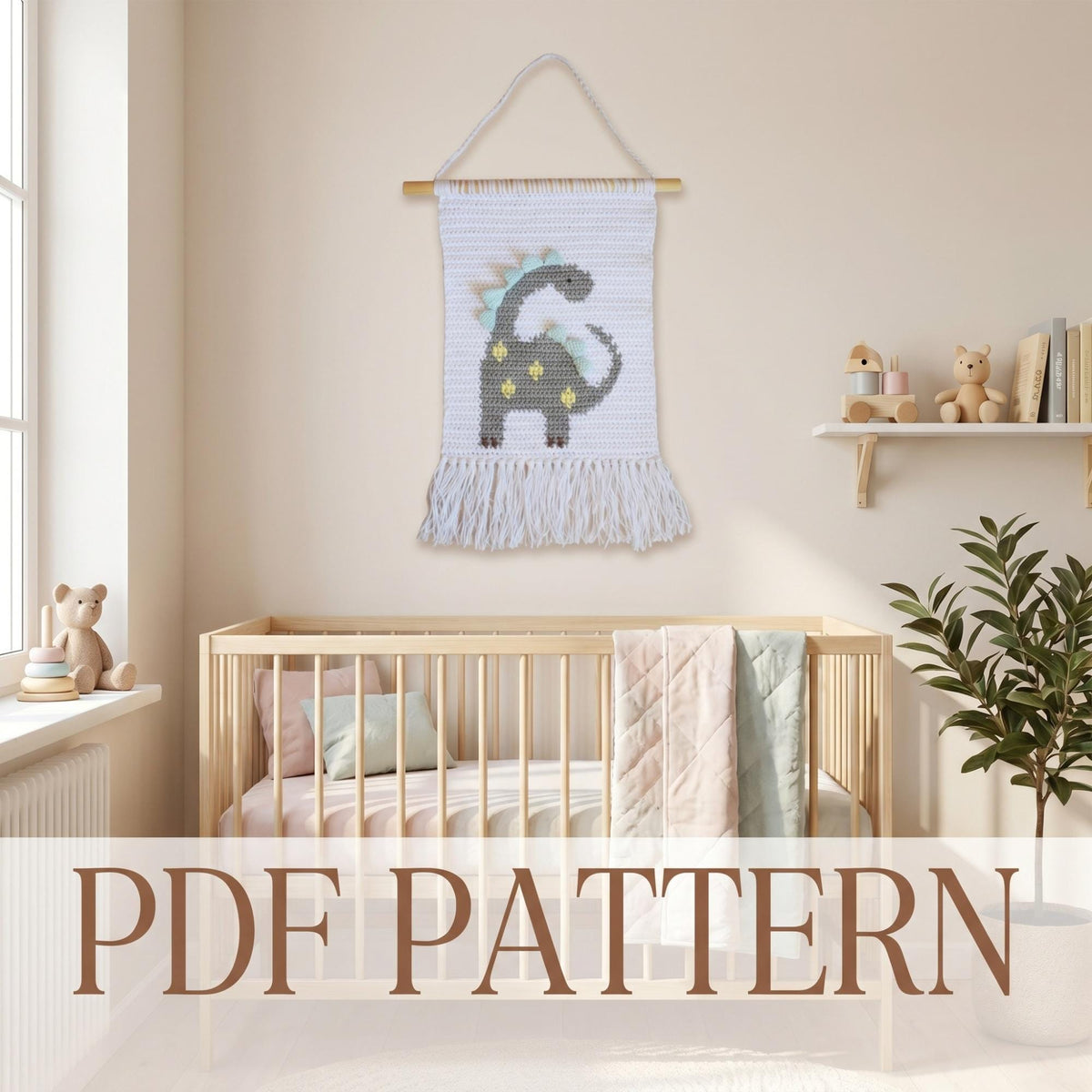 Crochet Wall Hanging Pattern With Cute Dinosaur, Dino Nursery Tapestry Crochet, Crochet Banner PDF, Baby Room Decor, DIY Gifts