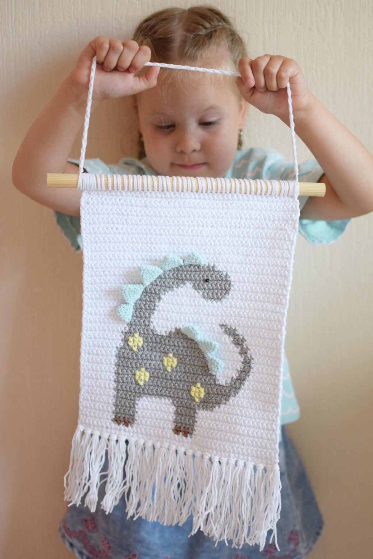 Crochet Wall Hanging Pattern With Cute Dinosaur, Dino Nursery Tapestry Crochet, Crochet Banner PDF, Baby Room Decor, DIY Gifts